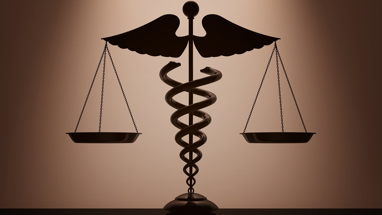 Medical caduceus symbol as justice scales on a brown backdrop